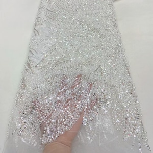 White Beaded Lace Fabric,Sequin Pearl Mesh Fabric,Bridal Dress Fabric,Evening dress fabrics，Heavy Bead Lace Tulle Fabric 1 Yard
