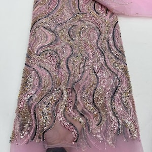 Pink heavy beaded lace,sequined lace fabric,fashion beaded embroidered tulle fabric,party dress fabric,mesh fabric,clothing material