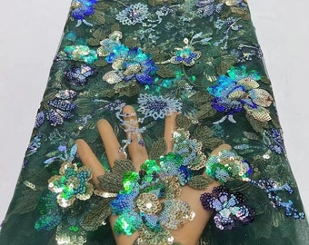 Tissu dentelle à sequins lourds vert, tissu de tulle floral à sequins brodés, tissu à mailles de dentelle, robe de soirée pour mariage bricolage par mètre