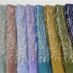 Sequined tulle lace fabric,heavy beading tulle lace fabric,bridal lace fabric1yard