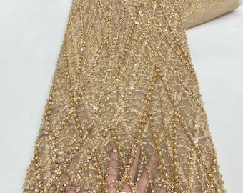 Złota, ciężka koronka z koralikami, tkanina na modne sukienki, tkanina koronkowa z cekinami, tkanina tiulowa z siateczki, tkaniny odzieżowe 1 jard