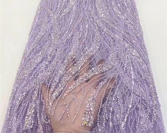 Purple beaded and sequined tulle fabric,for bridal dress,haute coucture,clothing fabric,mesh fabric