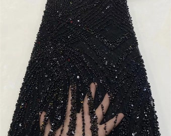 Black heavy beaded lace fabric, sequined mesh fabric, high-end clothing fabric, dress fabric, lace mesh fabric, fabric by size