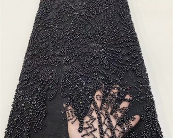 Schwarzer schwerer Perlen-Spitzenstoff,Perlen-Paillettenstoff,Braut Abendkleid Abschlussball-Hochzeitsmode Spitzenstoff,Spitzenstoff,Spitze