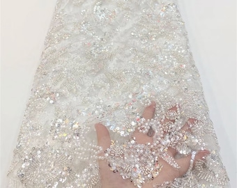 Tela de encaje floral blanca con lentejuelas y cuentas, tela floral bordada con lentejuelas, ideal para vestidos y prendas de moda, malla de encaje.