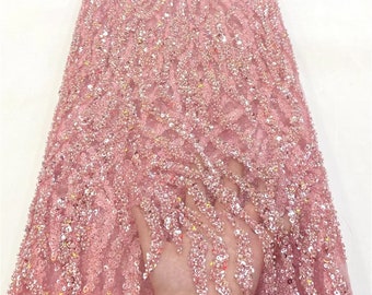 Pink Leaves Tulle Fabric, Sequin Beaded Fabric,For Bridal Gowns, Sequin Tulle Lace Fabric