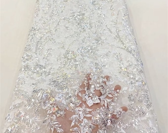 Tela de encaje floral de lentejuelas, tela de tul floral bordado, tela con cuentas de lentejuelas, tela de vestido de baile, malla de encaje