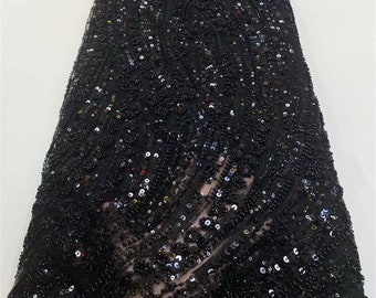 Black heavy beaded lace fabric, floral beaded fabric, DIY dress tulle fabric, wedding evening dress tulle, sequin lace fabric 1 yard