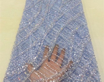 Blue sequin beaded fabric, heavy beaded lace, bridal gown, wedding dress, prom dress, tulle fabric