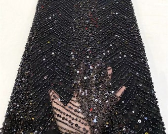 Mysterious Black Beaded Fabric,Glitter Sequin Fabric, Fashion Clothing Design Fabric, Lace Fabric