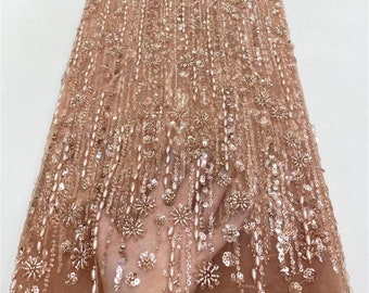 Floral sequin beaded fabric,champagne pearl tulle fabric for bridal dresses,jersey dresses,prom dresses,apparel fabrics sold by the yard