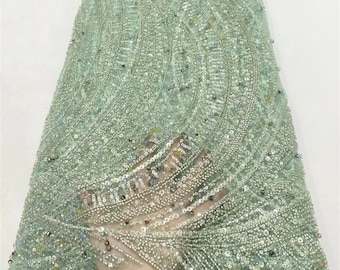 Gorgeous heavy beaded lace fabric,champagne sequin beaded fabric for bridal gowns,prom dress lace fabric,tulle fabric sold by the yard