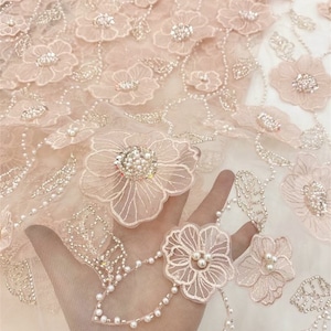 Pink 3D floral tulle fabric, pearl beaded fabric, suitable for wedding dresses, girls&#39; dresses, veils, curtains, mesh fabrics