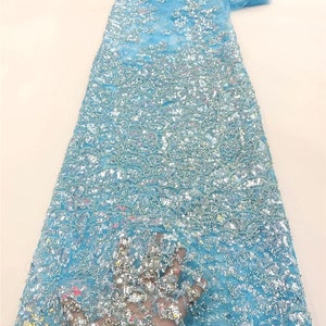 Sparkling Blue Mermaid Dress Fabric, Sequin Beaded Mesh Fabric, Prom Dress Fabric, Red Carpet Dress Fabric, Lace Fabric