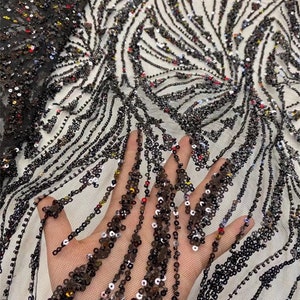 Black heavy beaded tulle fabric, bridal wedding dress fabric, evening dress fabric, lace mesh, tulle fabric
