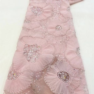 Pink tulle floral fabric with flowers surrounded by beads,For wedding bridal veil, evening dress, clothing crafts 1yard