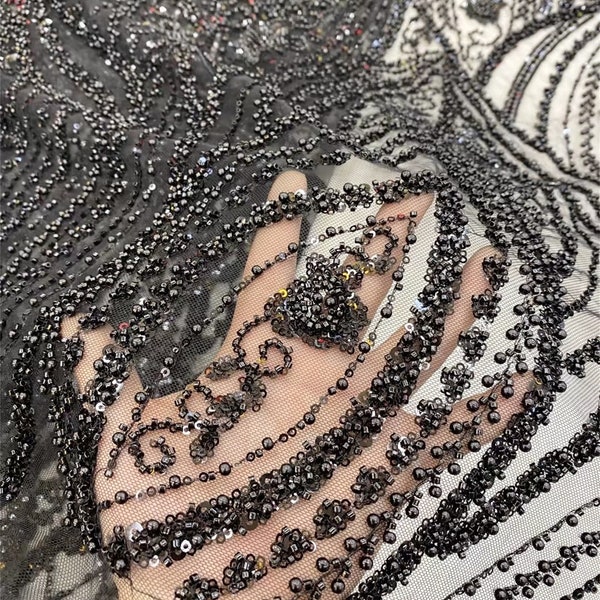 Black heavy beaded lace fabric, beaded lace fabric, suitable for wedding dress, evening dress, sequin lace bridal lace dress, mesh fabric