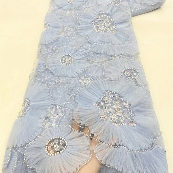 Tissu de tulle floral bleu, tissu perlé, tissu de robe de mariée, tissu de conception de costumes bricolage 1 yard