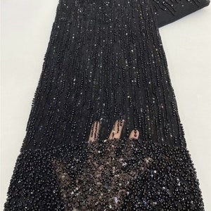 Black heavy beaded lace fabric,sequined tulle fabric,DIY wedding bride evening dress costume design,pearl lace mesh 1 yard