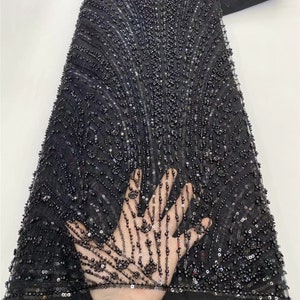 Black heavy beaded lace fabric, sequin floral tulle fabric, DIY dress fabric, party dress fabric, lace mesh