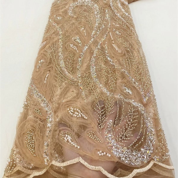 Tissu en dentelle à paillettes épaisses de couleur champagne, tissu en tulle à paillettes, tissu pour robe doux, tissu pour robe de mariée, maille de dentelle 1 mètre