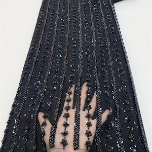 Black sequin floral lace fabric, line sequin fabric, beaded fabric, evening dress fabric, mesh fabric