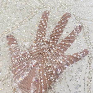 White irregular heavy beaded lace fabric, sequined mesh, DIY crafts, mesh, tulle fabric