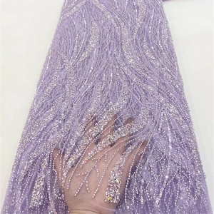 Purple beaded and sequined tulle fabric,for bridal dress,haute coucture,clothing fabric,mesh fabric