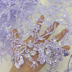 Purple floral embroidered tulle fabric, sequined lace mesh, DIY wedding bridal evening dress clothing sold by the yard lace fabric