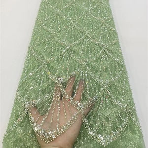 Green sequin beaded lace fabric, sequin tulle mesh, for DIY dress, prom dress, flower girl dress or wedding decoration, lace fabric 1 yard
