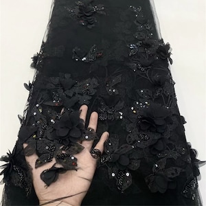 Black 3D embroidery flower fabric,bridal dress fabric,lace fabric,party dress fabric