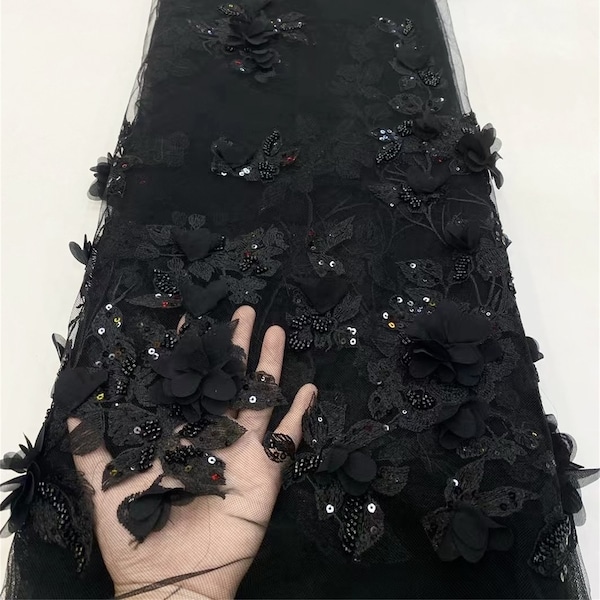 Tissu de fleur de broderie 3D noir, tissu de robe de mariée, tissu de dentelle, tissu de robe de soirée