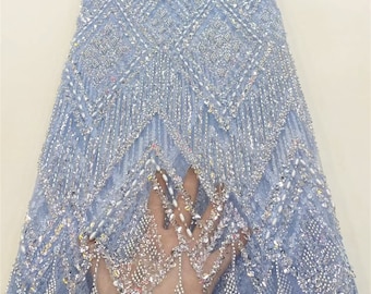 Tela de encaje con cuentas de rombos azules, tela de tul floral con lentejuelas, tela para vestidos, tela para manualidades, tela de diseño, tela de malla