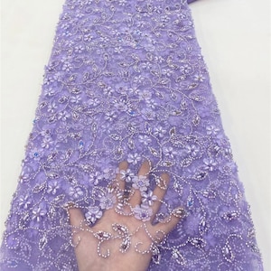 Purple floral lace fabric, sequin beaded lace fabric, bridal lace fabric, wedding dress, dress fabric sold by the yard, lace mesh