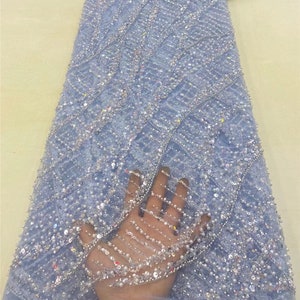 Blue sequin beaded fabric, heavy beaded lace, bridal gown, wedding dress, prom dress, tulle fabric