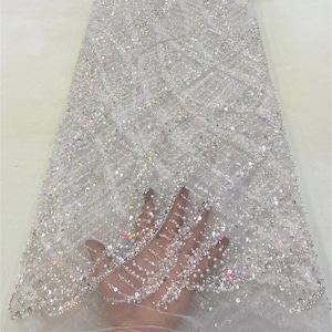 White Heavy Beaded Mesh Fabric,Sequin Beaded Fabric,For Dresses, Popular With Designers, Tulle Fabric 1yard