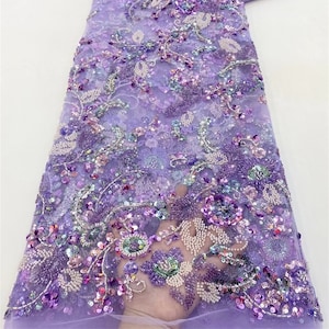 Purple sequined floral tulle fabric,beaded fabric,apparel fabric,lace mesh, Beaded fabric for prom dress by yard