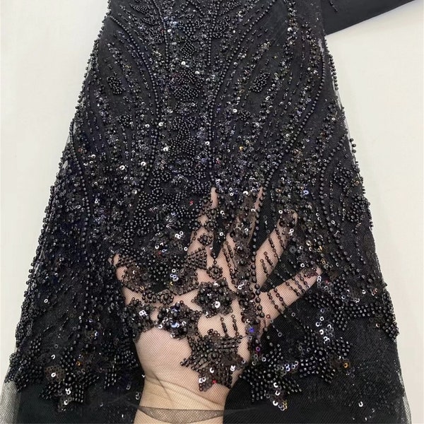 Black heavy beaded lace fabric,sequin star tulle fabric,DIY dress tulle fabric,wedding evening dress tulle,lace mesh by the yard