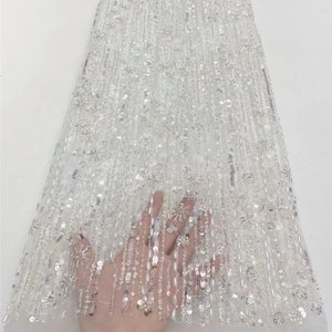 Ivory heavy beaded lace fabric, tulle fabric, mesh fabric, sequined floral lace fabric  for bridal dress and couture