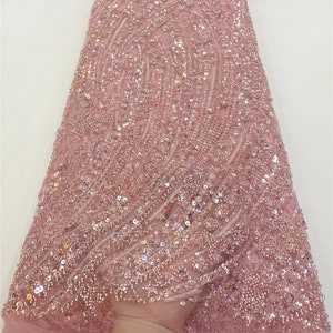 Pink beaded floral lace fabric, sequin floral fabric, bridal dress fabric, lace fabric, beaded tulle fabric 1 yard