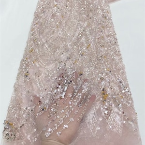 Pink sequin beaded lace fabric, bridal wedding dress, embroidered floral tulle fabric in the yard