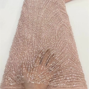 Pink heavy beaded lace fabric, sequined floral tulle fabric, suitable for gowns, tutus, prom dresses, lace mesh 1 yard