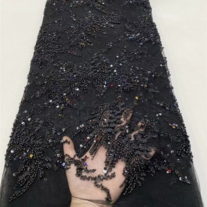 Black heavy beaded lace fabric, leaf beaded lace fabric, dress fabric, clothing fabric, tulle fabric, lace mesh