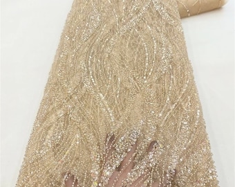 Champagne Sequin Lace Fabric,Beaded Tulle Fabric,DIY Wedding Bridal Evening Dress Costume Handcrafts,Mesh Fabric 1 Yard