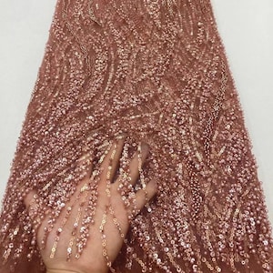 Coffee Beaded Tulle Fabric,Sequined Beaded Lace,Mesh Lace，DIY Wedding Bridal Evening Dress Sold by the Yard