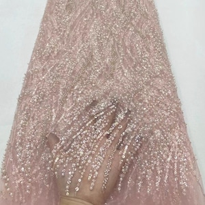 Pink heavy bead lace fabric, sequin tulle fabric, lace mesh fabric 1 yard, for prom dress, ball gowns, couture, evening dress