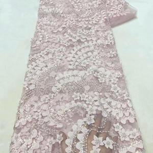 Pink beaded flower lace fabric,3D flower tulle fabric,sequin beaded fabric,clothing material,fashion dress fabric,lace mesh fabric 1 yard