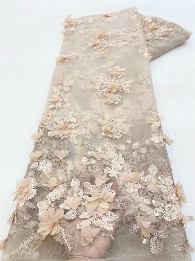 White tulle 3d flower fabric, sequin mesh fabric, DIY wedding bridal evening dress sold by the yard image 6