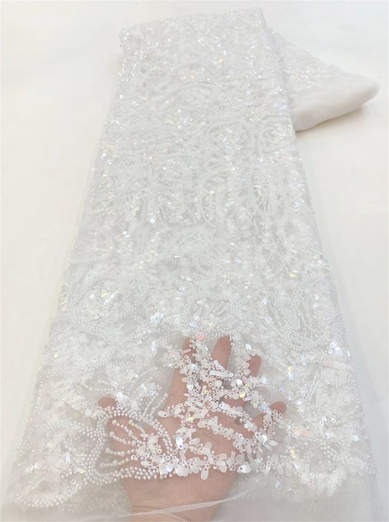 Beige Rhinestone Beaded Tulle Fabric for Bridal, Prom & Evening Gowns