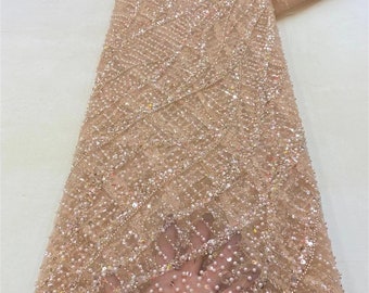 Champagne heavy beads lace,Luxury Bridal,Sequined mesh fabric,Mesh Fabric,Prom Dress,Beach Party Clothing